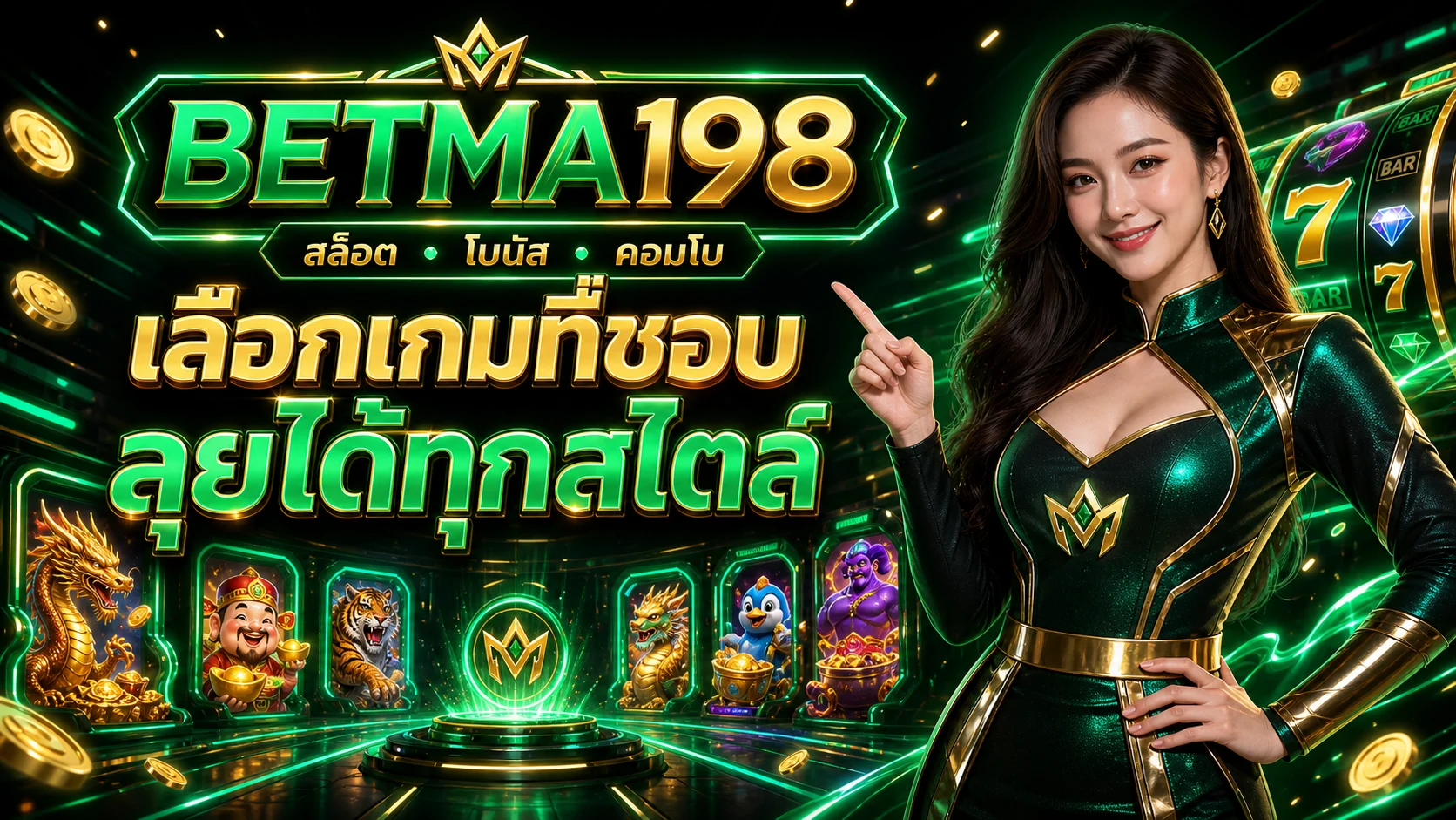 ภาพ BETMA198 ล็อบบี้เกมสล็อตนีออนสีเขียวและทอง